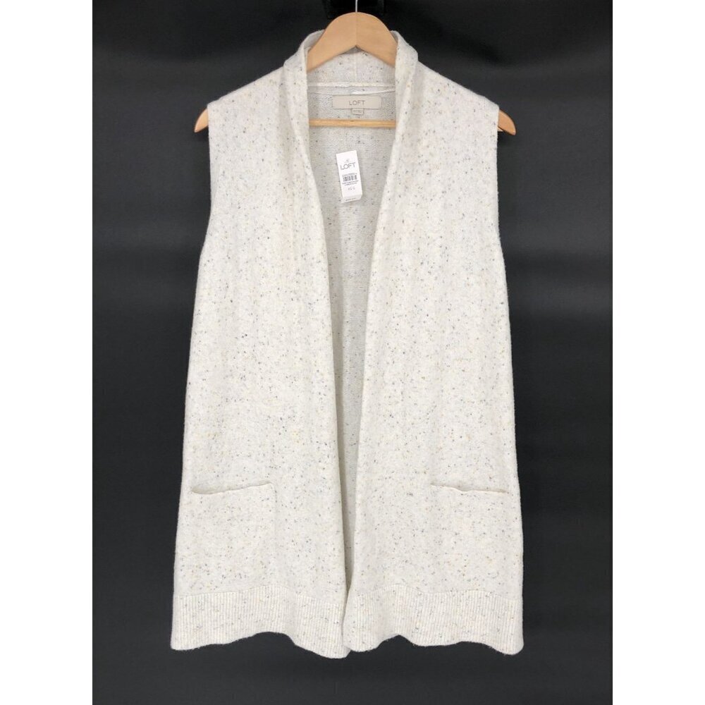 NWT Loft Open Front Duster Sweater Vest Women's XS-S White Speckled Pockets